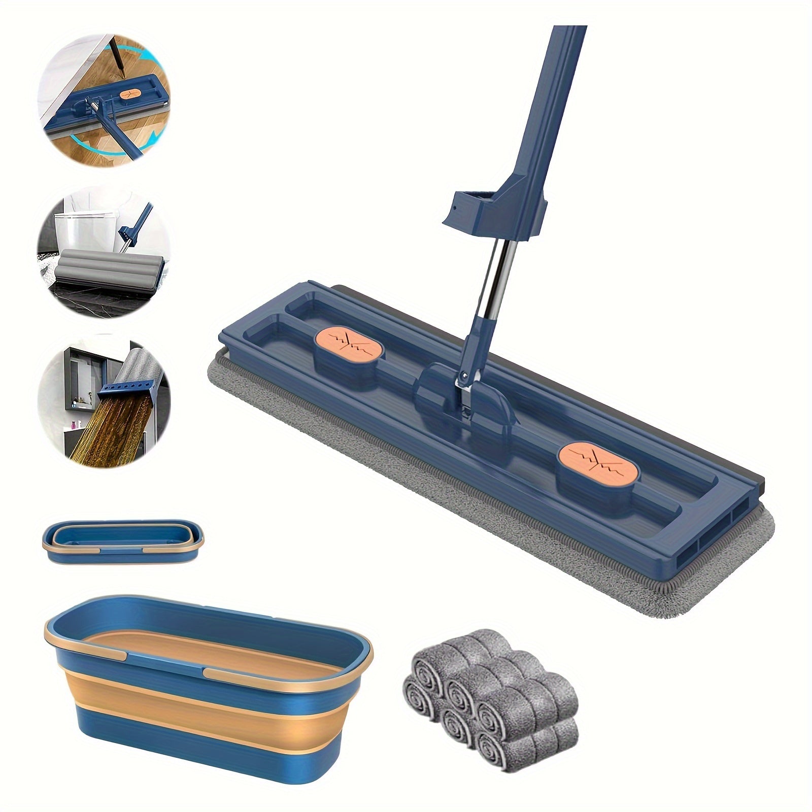 2024 yil uchun yangi va yaxshilangan! Katta tekis mopu to'plami, chelak va siqish vositasi - 360° aylanish, oshxona, hammom, yashash xonasi, yotoqxona uchun nam/quruq tozalashda ideal - uy tozalash ehtiyojlari uchun mustahkam plastik vosita