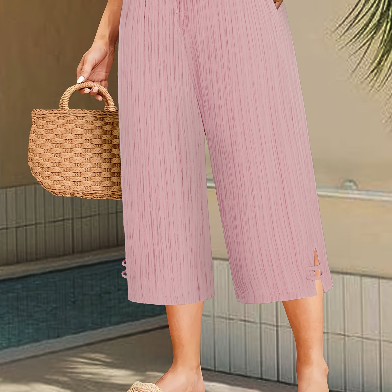 Plus Size Women's Wide Leg Pants with Pleated Stripe and Side Slit