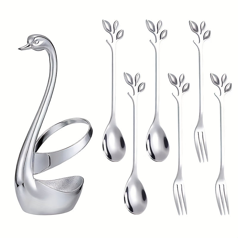 Set of 7 Coffee Spoons with Swan Base Stainless Steel Leaf Forks Mirror Finish