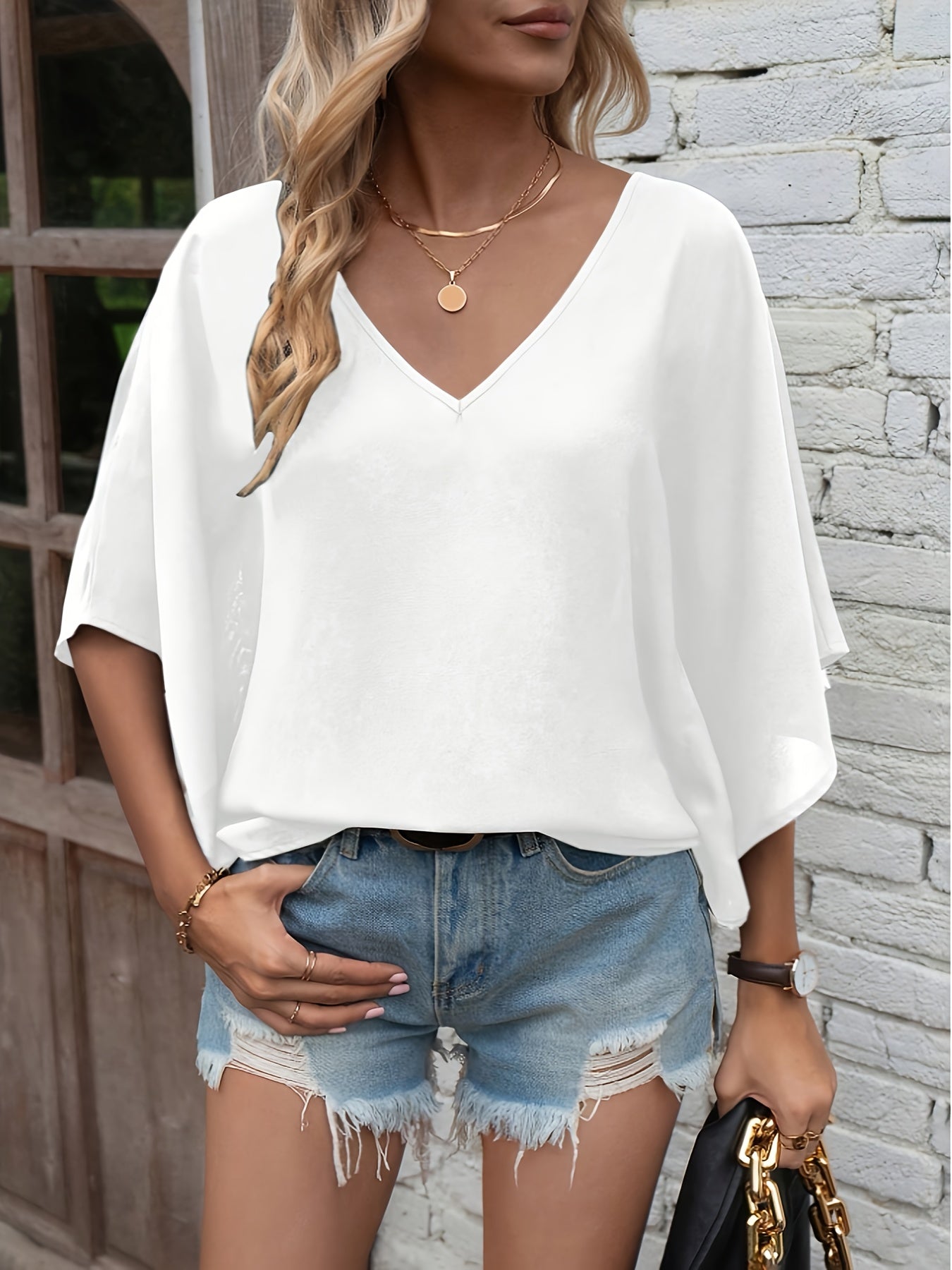 Women's White V-Neck Batwing Sleeve Blouse Casual Short Sleeve Loose Fit