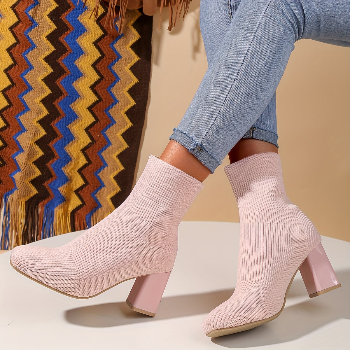 Women's Solid Color Slip On Casual Chunky Heel Mid Calf Boots