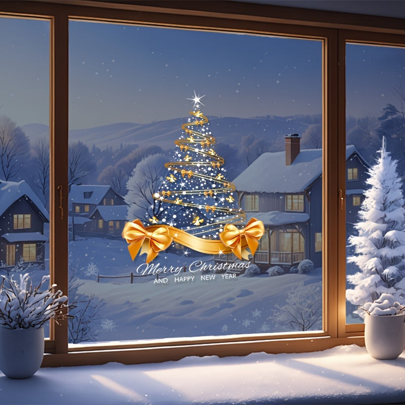 Festive Golden Christmas Tree Static Cling Sticker Waterproof PVC Holiday Decor