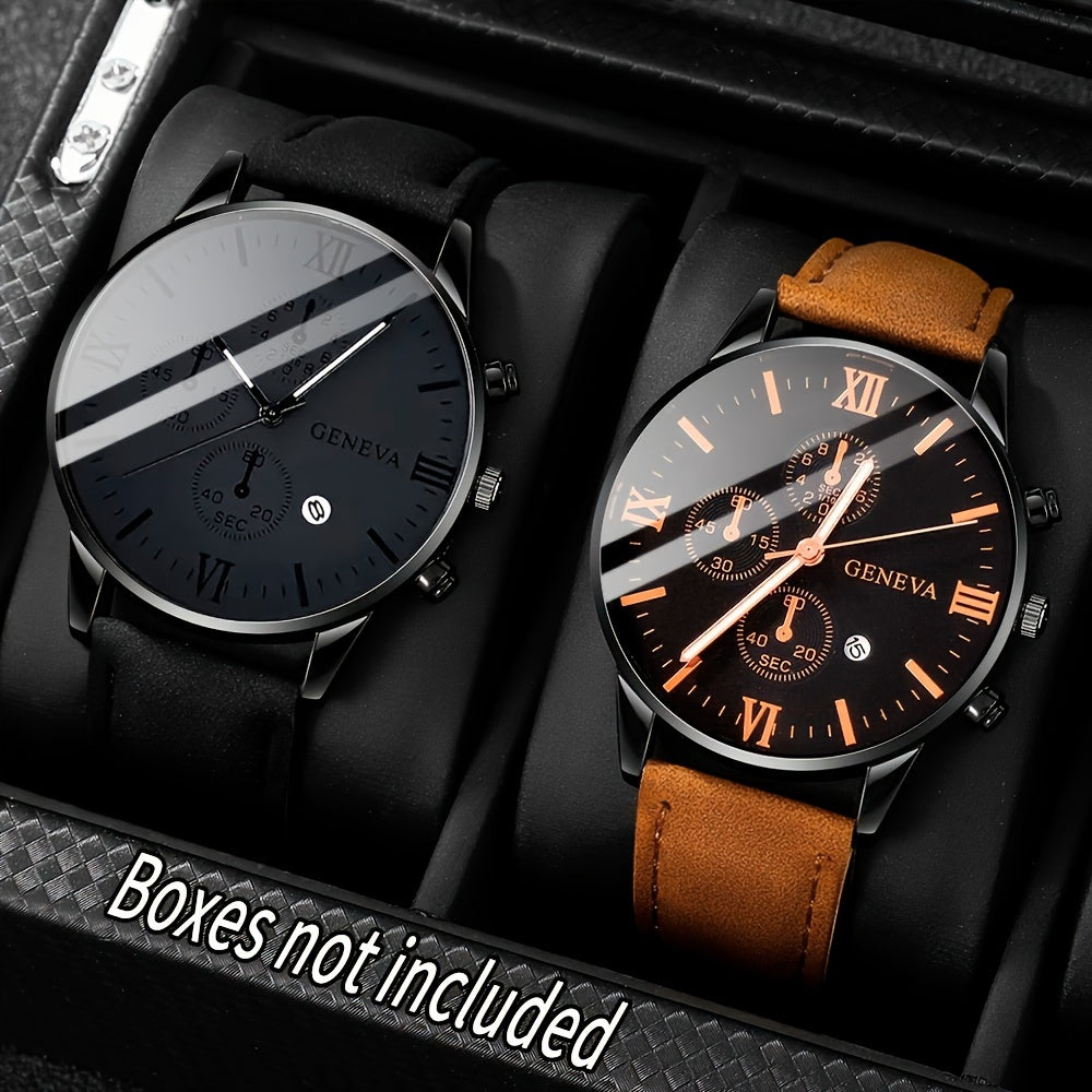 Men's Quartz Watch Set with Calendar Leather Strap Analog Stylish Alloy Case for Graduation or School