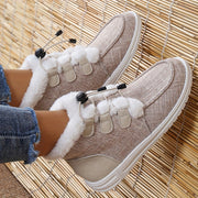 Women's Winter Slip-On Shoes Faux Fur Lined Beige Fabric Black Drawstrings Round Toe TPU Sole