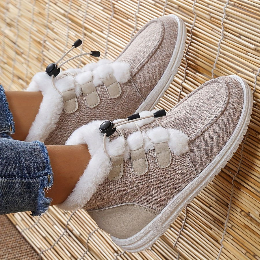 Women's Winter Slip-On Shoes Faux Fur Lined Beige Fabric Black Drawstrings Round Toe TPU Sole