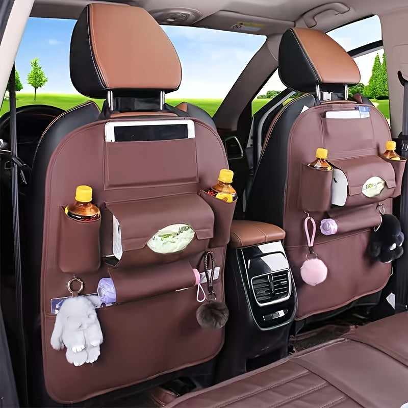 Universal Faux Leather Car Seat Organizer with Foldable Tray and Multiple Pockets
