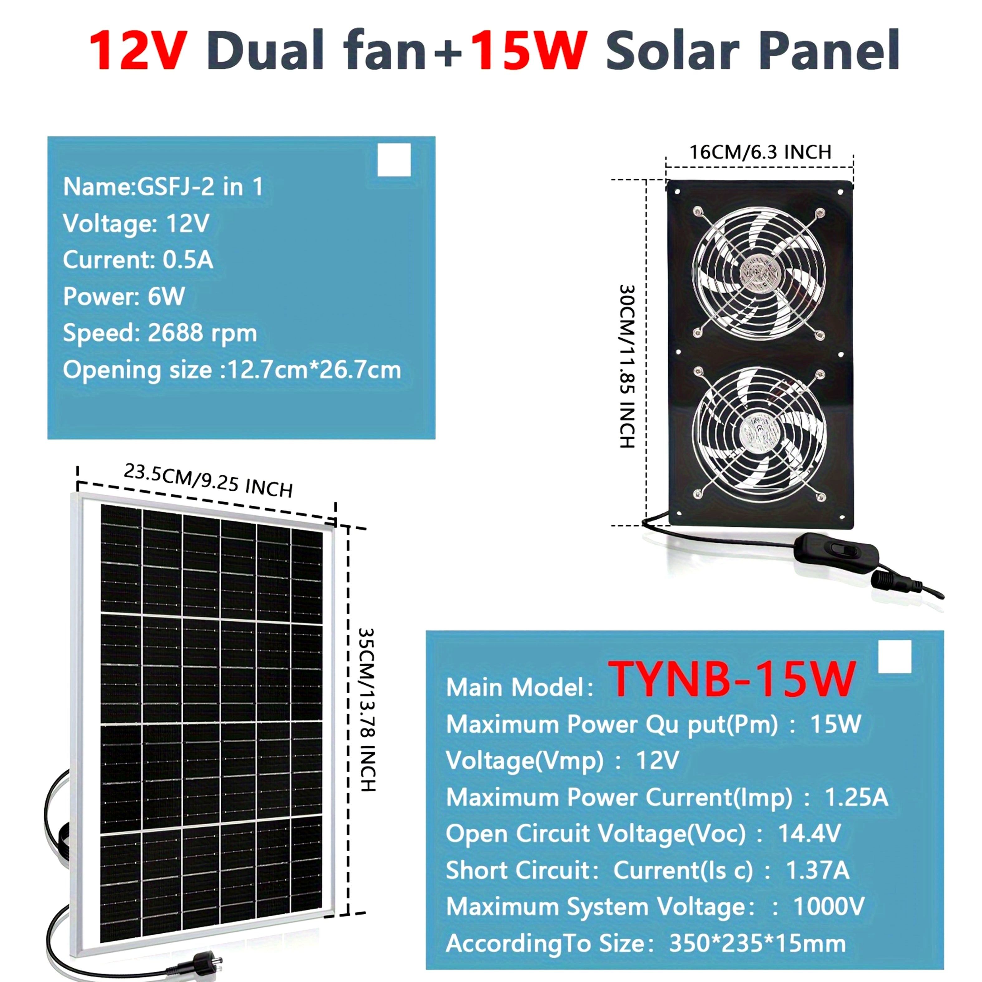 Panel solar de 15W con 2 ventiladores de escape de alta velocidad para áticos, cobertizos, caravanas y gallineros