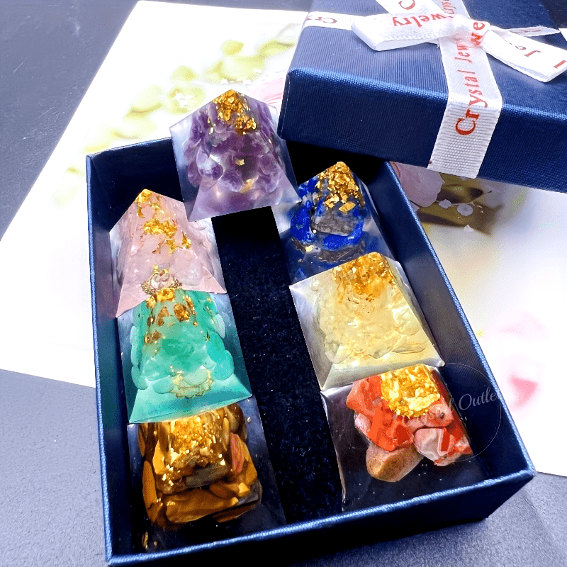 Set of 7 Natural Crystal Orgone Mini Pyramids in Gift Box Reiki Healing Gemstone Resin Decor