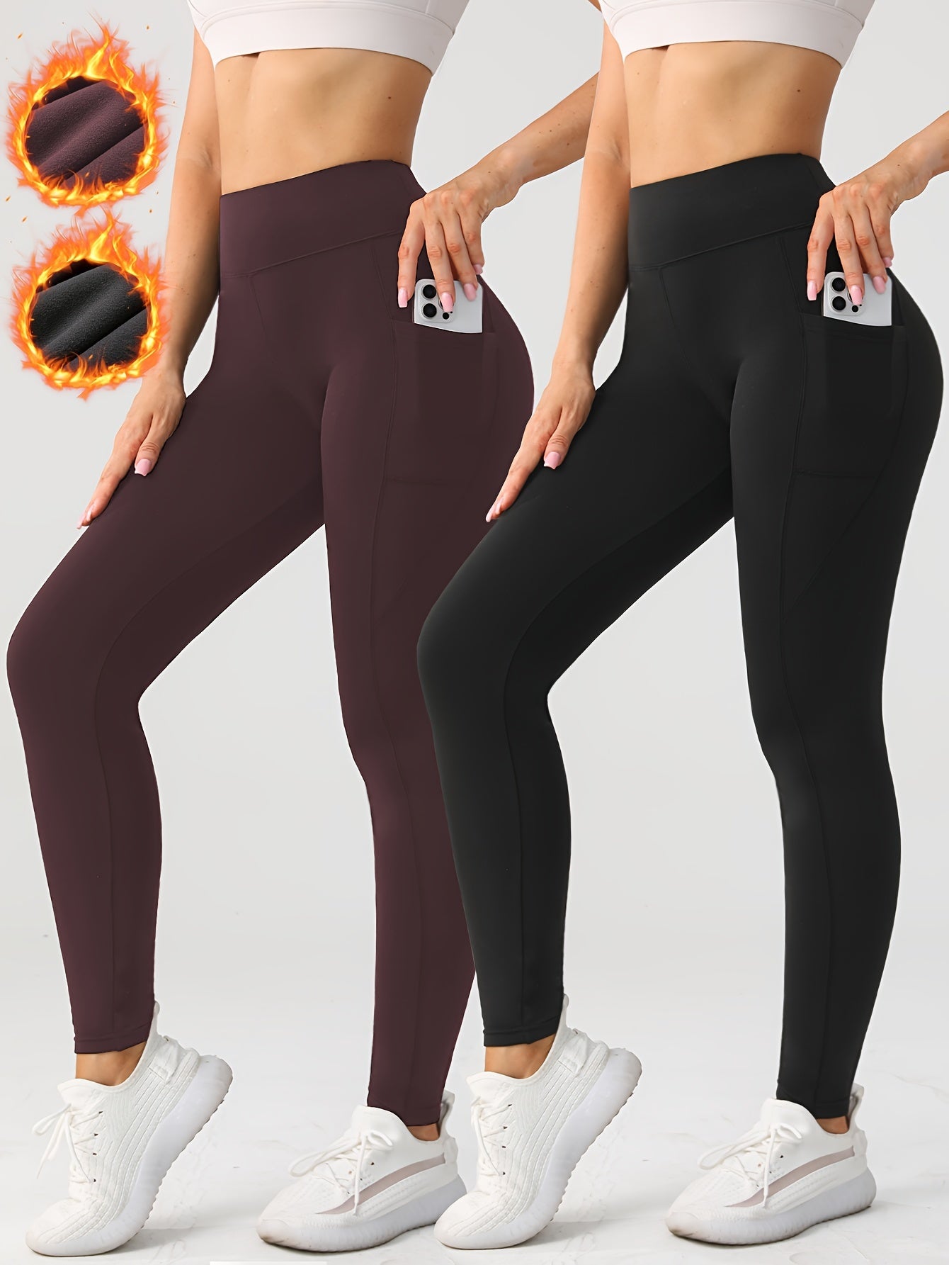 Women's Plus Size High Waist Yoga Pants Polyester Knit Skinny Tights with Pockets
