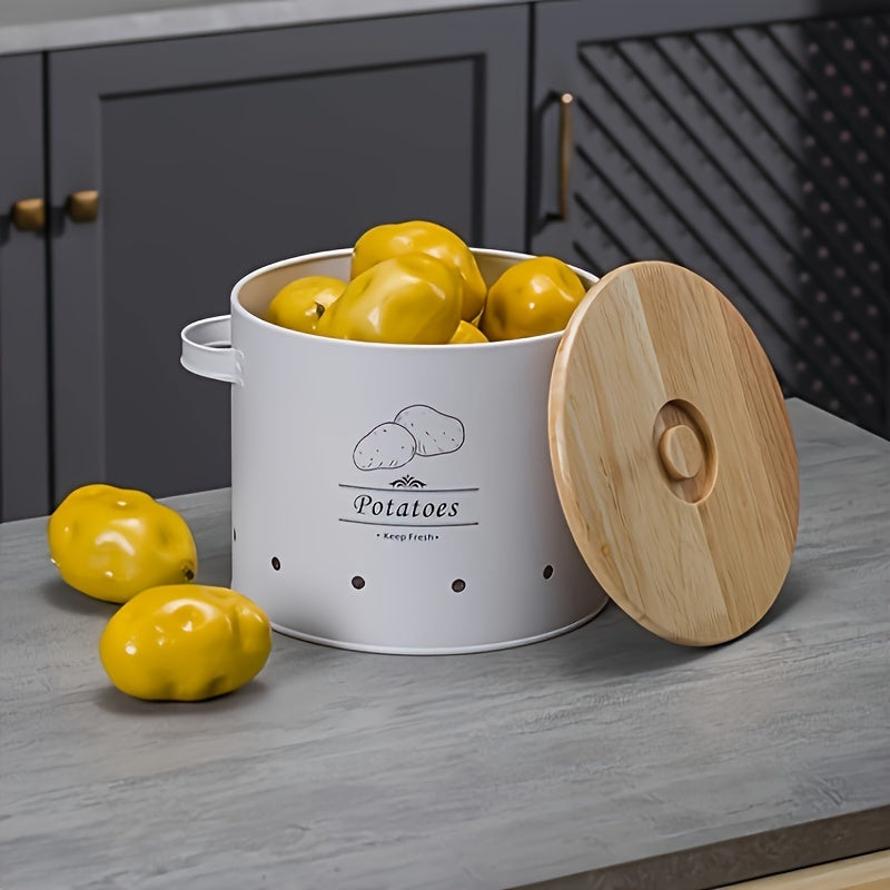 Set of 3 Metal Food Storage Containers with Wooden Lids and Handles