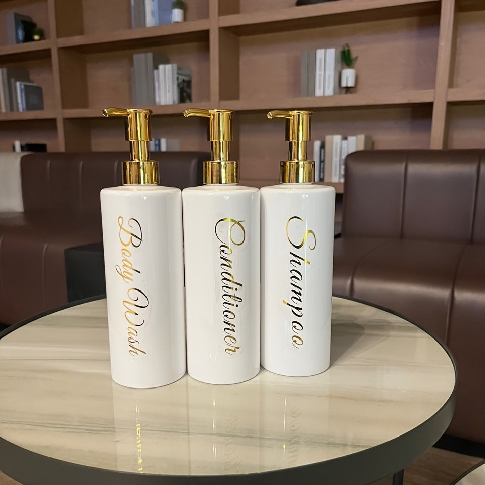 3-Piece 500ml White Plastic Bathroom Dispenser Set with Gold Labels for Shampoo Conditioner Body Wash