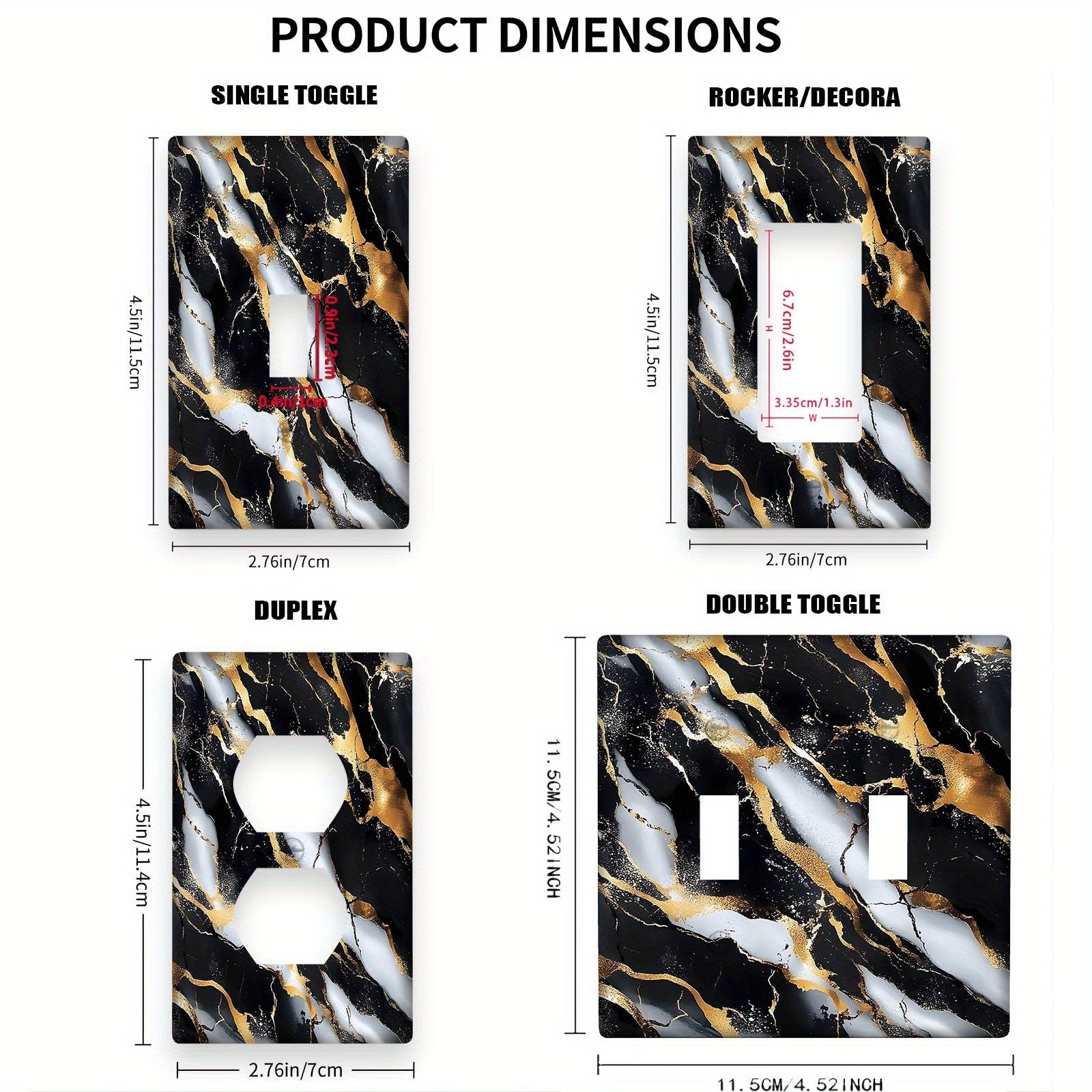 Cubierta de interruptor de luz con estampado de mármol negro y oro para placas de pared de cocina o dormitorio
