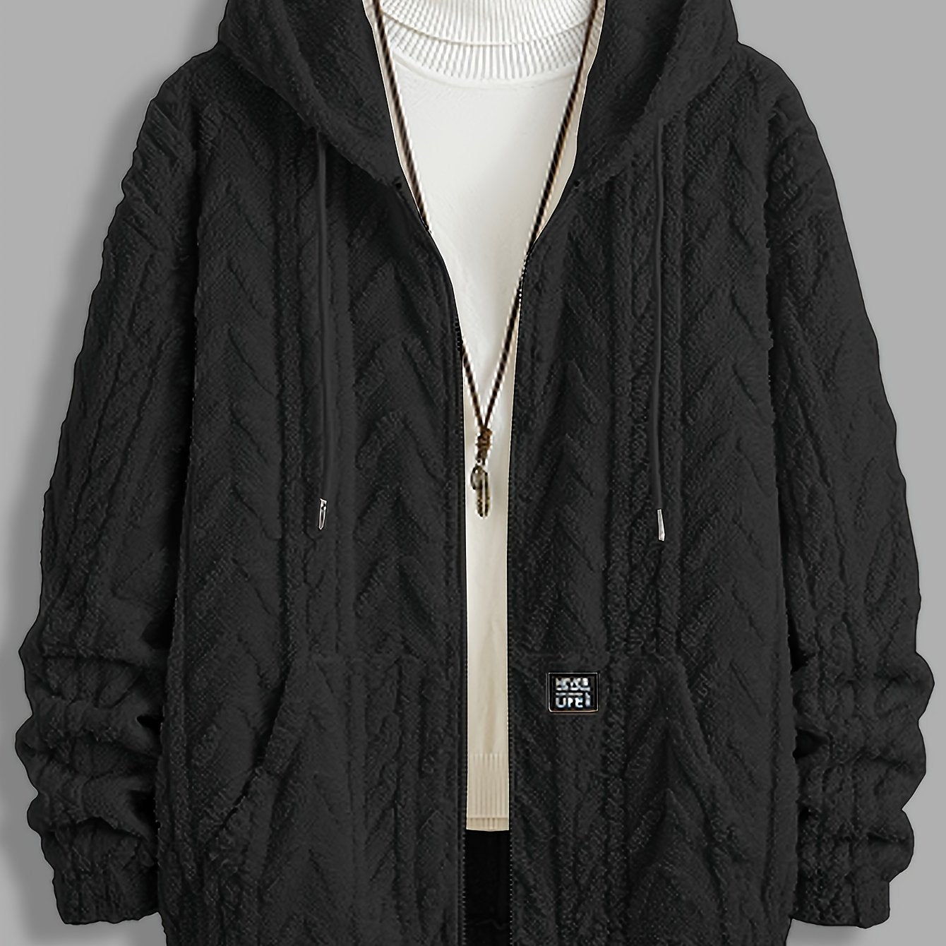 Men's Plush Jacquard Hoodie with Tassel Detail and Contrast Drawstring for Casual Winter Wear