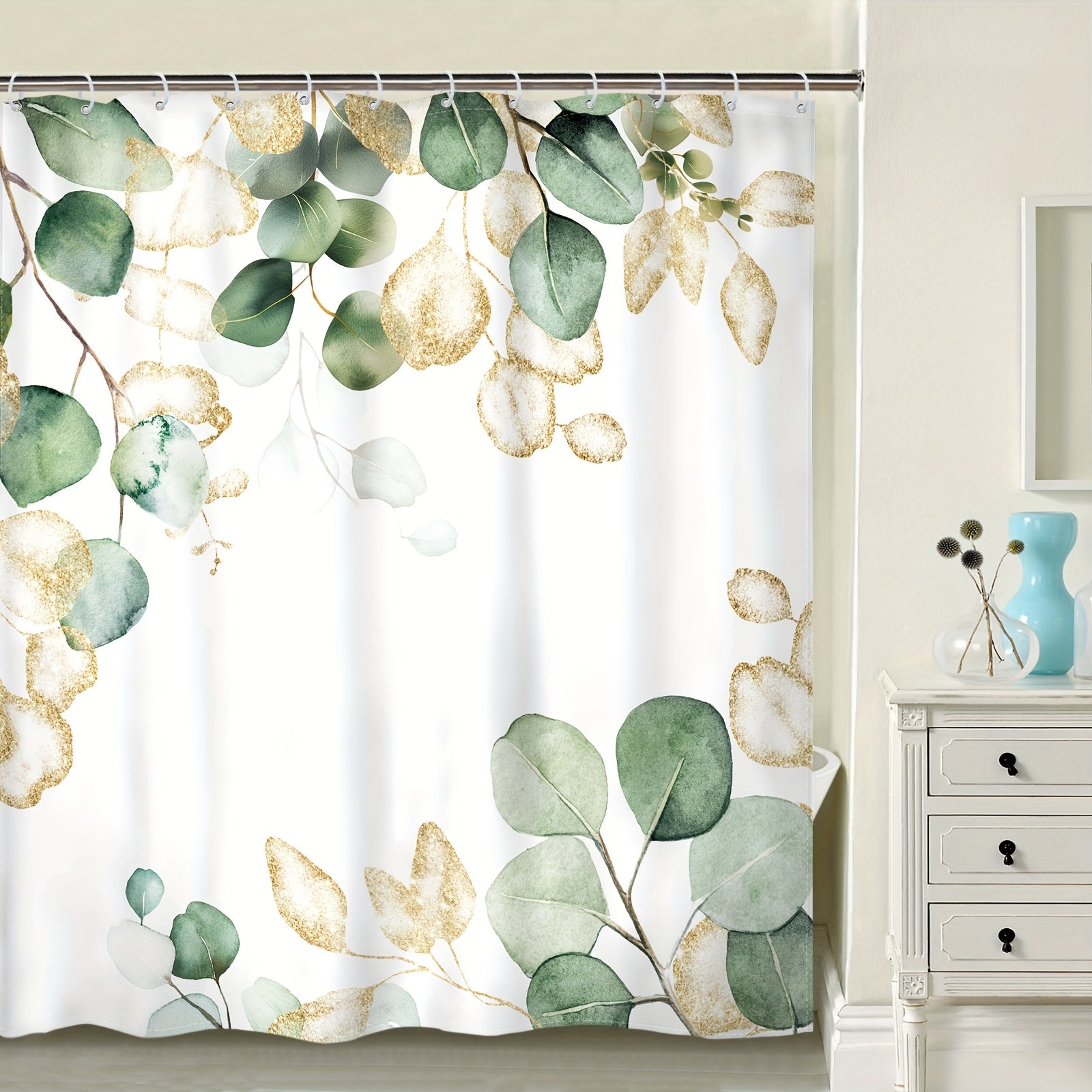 Eucalyptus Leaf Green Polyester Shower Curtain Waterproof Bathroom Divider 70x71 Inches
