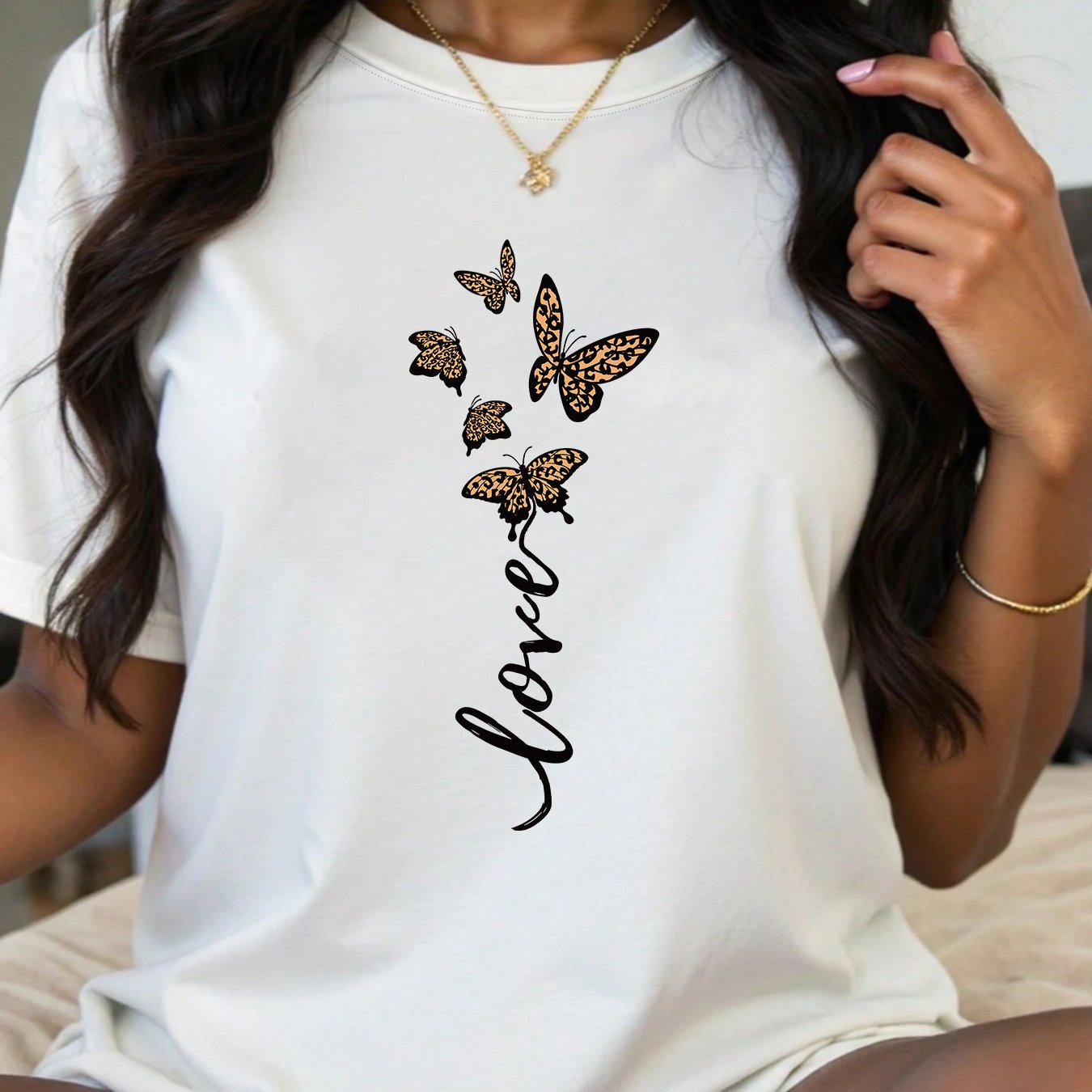 Plus Size Women's Cotton Short Sleeve T-Shirt Butterfly Script Print White