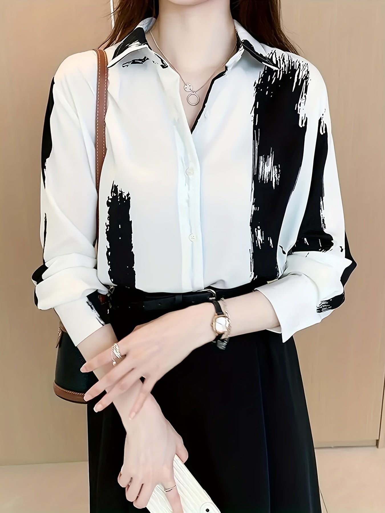 Women's Spring and Autumn Casual Shirt with Brush Print and Turnover Collar