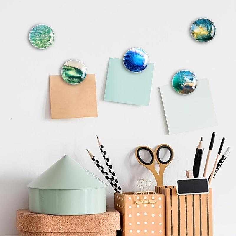 Glass Bee and Ocean Refrigerator Magnets Set of 12 Circular Stickers for Kitchen and Office Decor