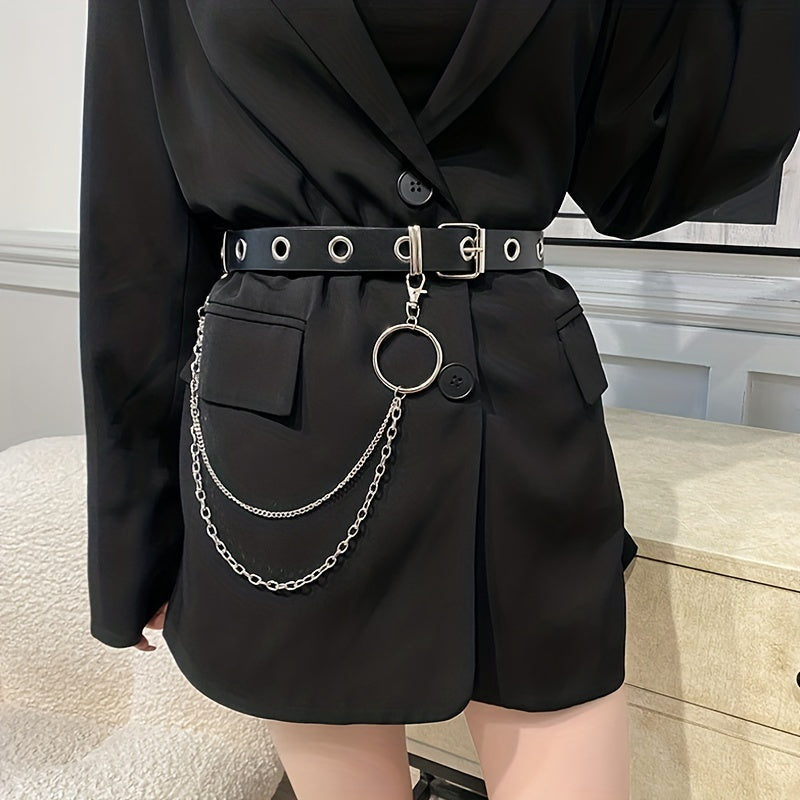 Gothic Women's Dress Girdle with Detachable Chain Tassel Rivet Belt Black PU Punk Style