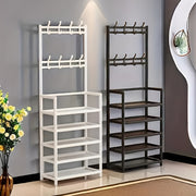 Metal Entryway Storage Rack with Shoe Shelves Hooks and Coat Stand in White or Black