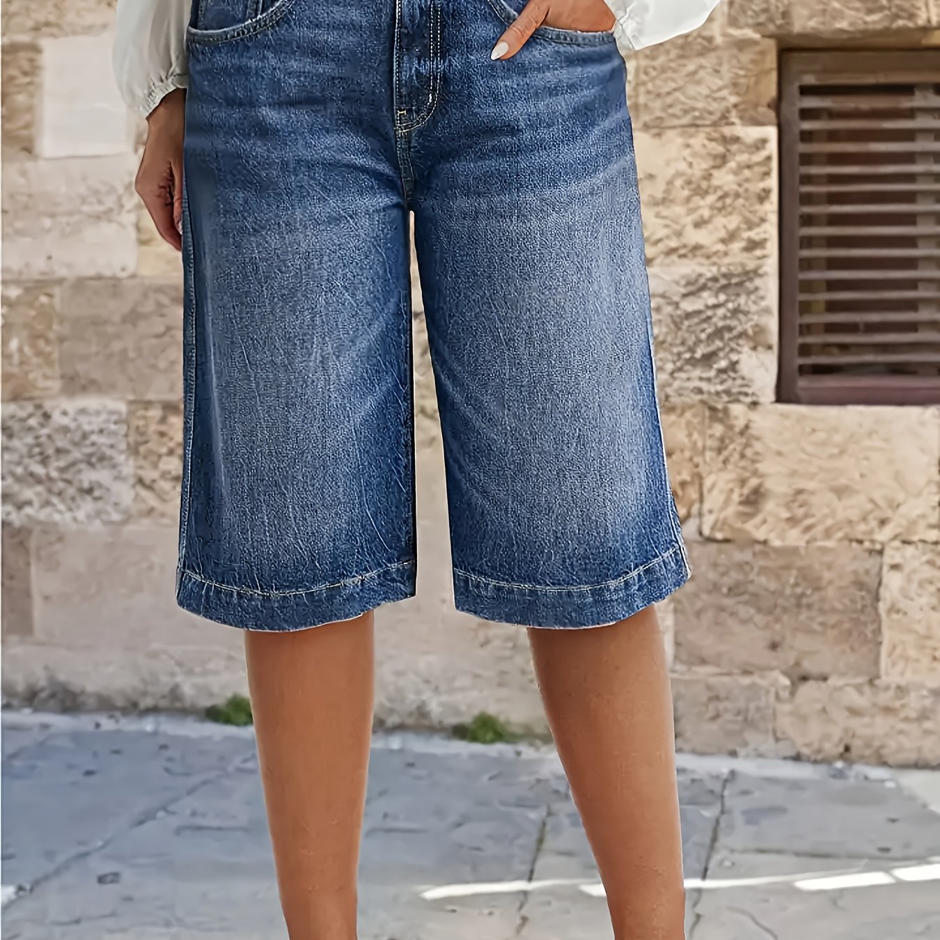 Plus Size Women's Stretch Denim Bermuda Shorts Mid-Rise Pockets Solid
