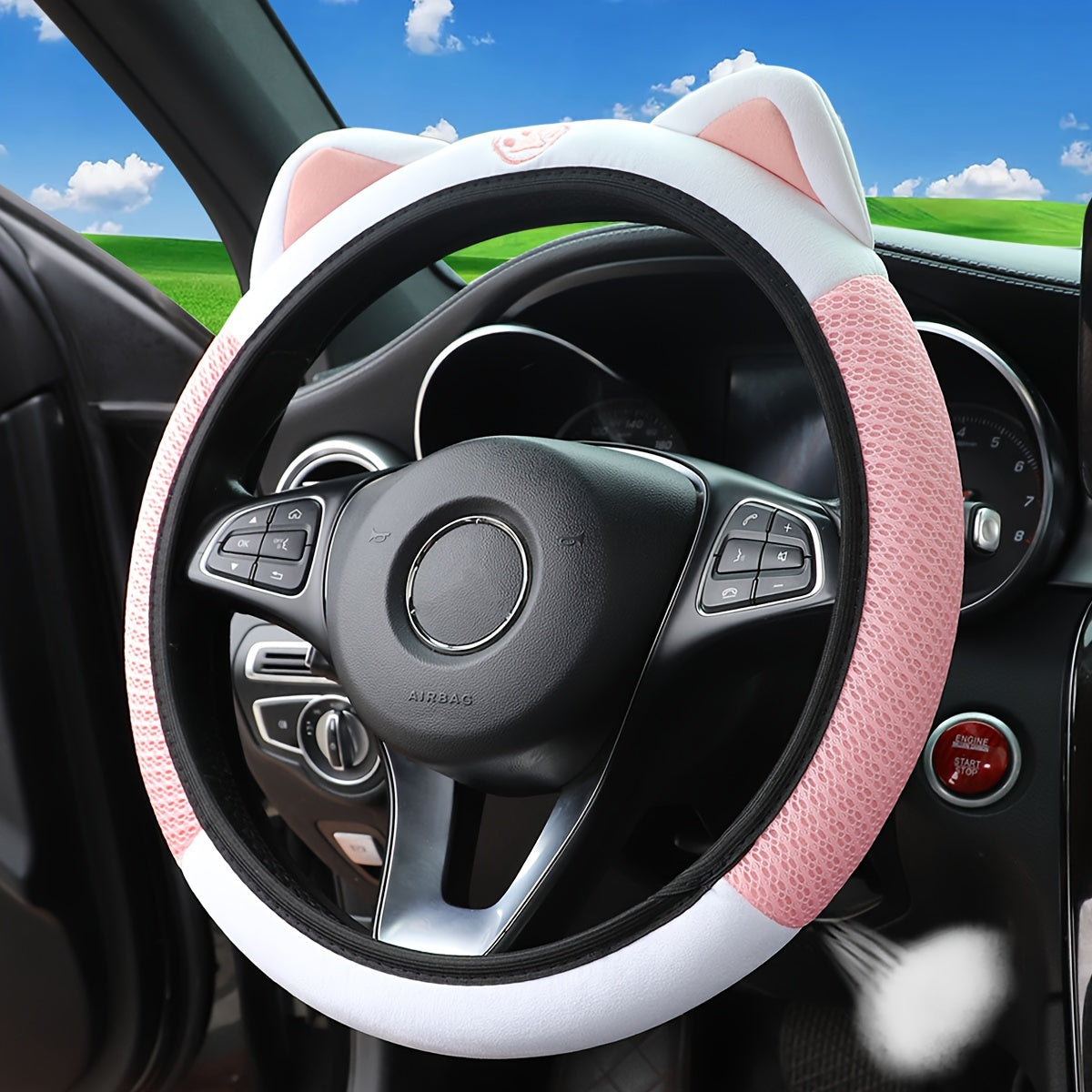 Cute Pink White Cat Steering Wheel Cover Breathable Mesh Stretchable Car Accessory