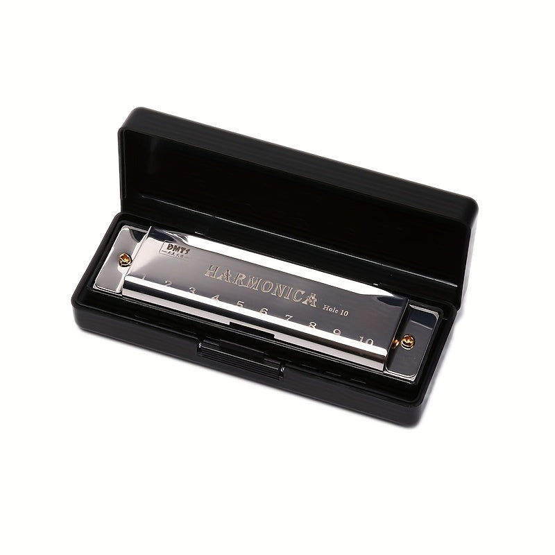 Black 10-Hole Harmonica Polished Metal and Resin for Beginners and Gifting