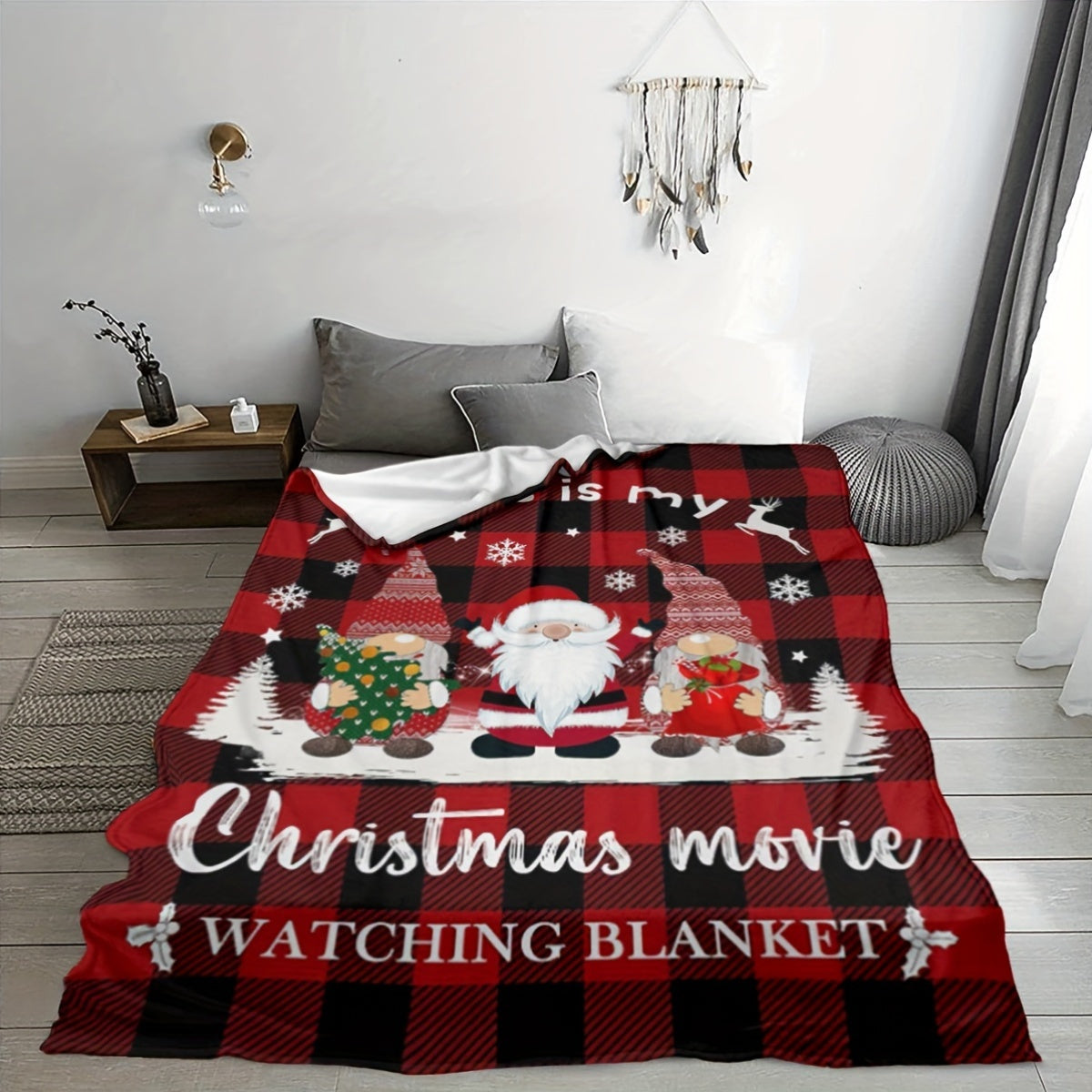 Reversible Flannel Fleece Christmas Blanket with Santa Print for Holiday Cozy Comfort