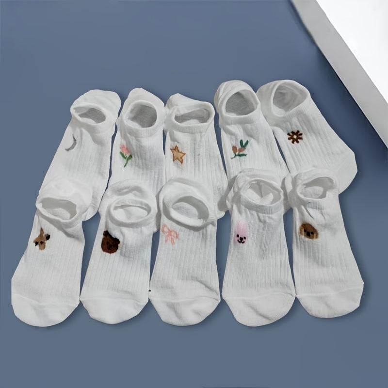 Kids Ankle Socks Pack of 5-10 Breathable Polyester Blend with White Stripes and Cute Animal Designs