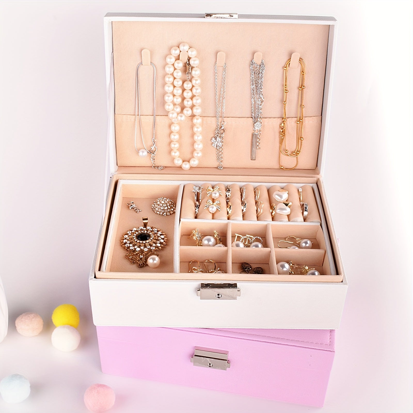 Double Layer Jewelry Box Leather Storage for Rings Earrings Necklaces