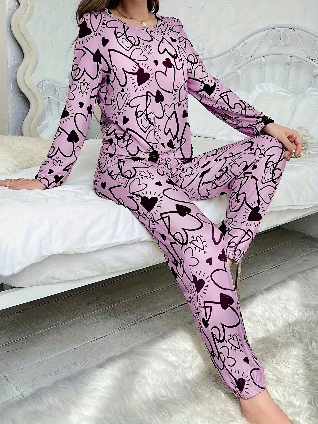 Women's Heart Print Lounge Set Long Sleeve Crew Neck Pajama Set Elastic Waist Pants for Sleepwear