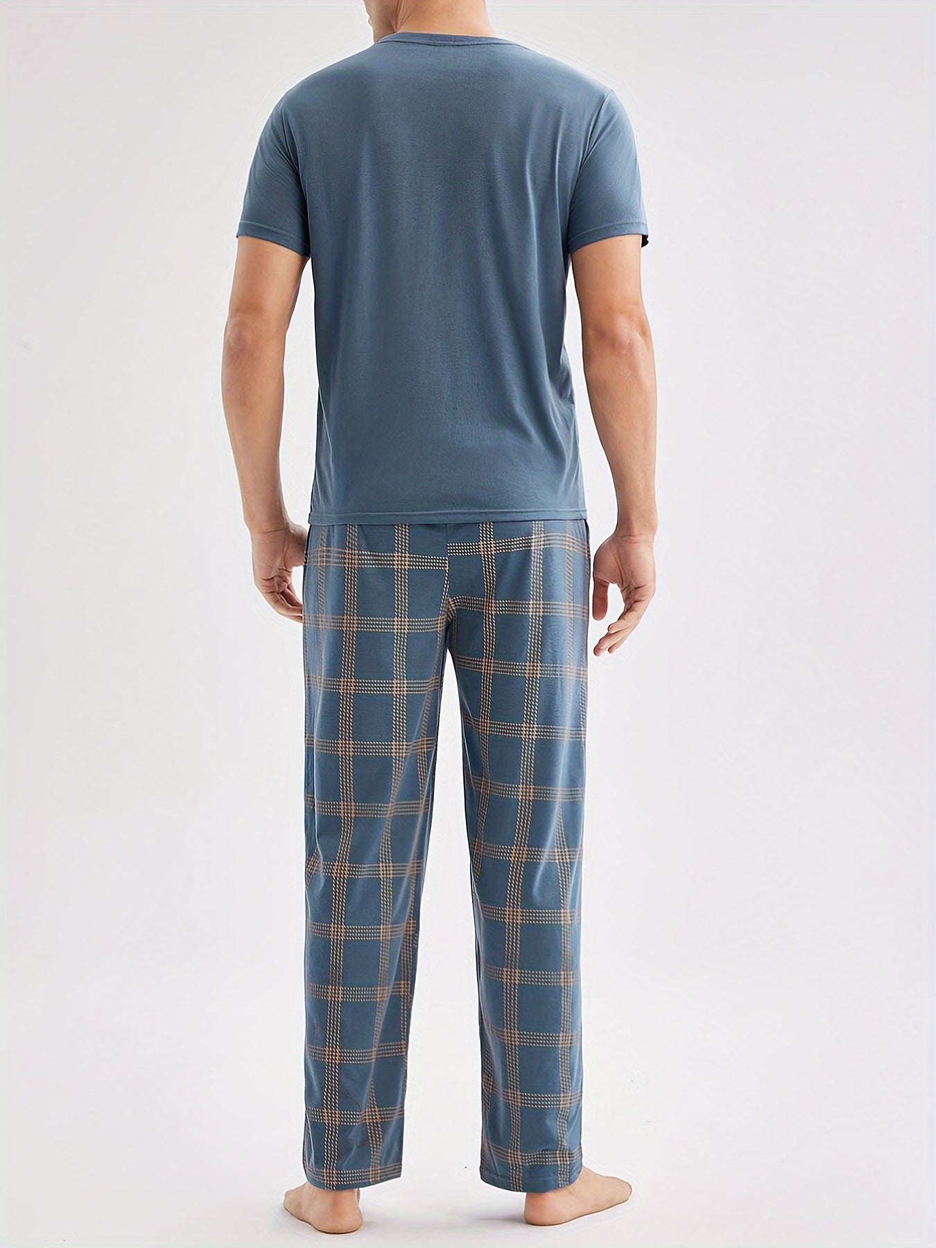 Conjunto de ropa de descanso para hombre, camiseta azul de manga corta y pantalones largos de cuadros, poliéster