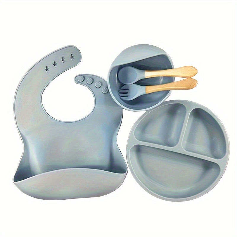Juego de 5 utensilios para bebés para autoalimentación kit de destete con babero, cuenco, plato, cuchara