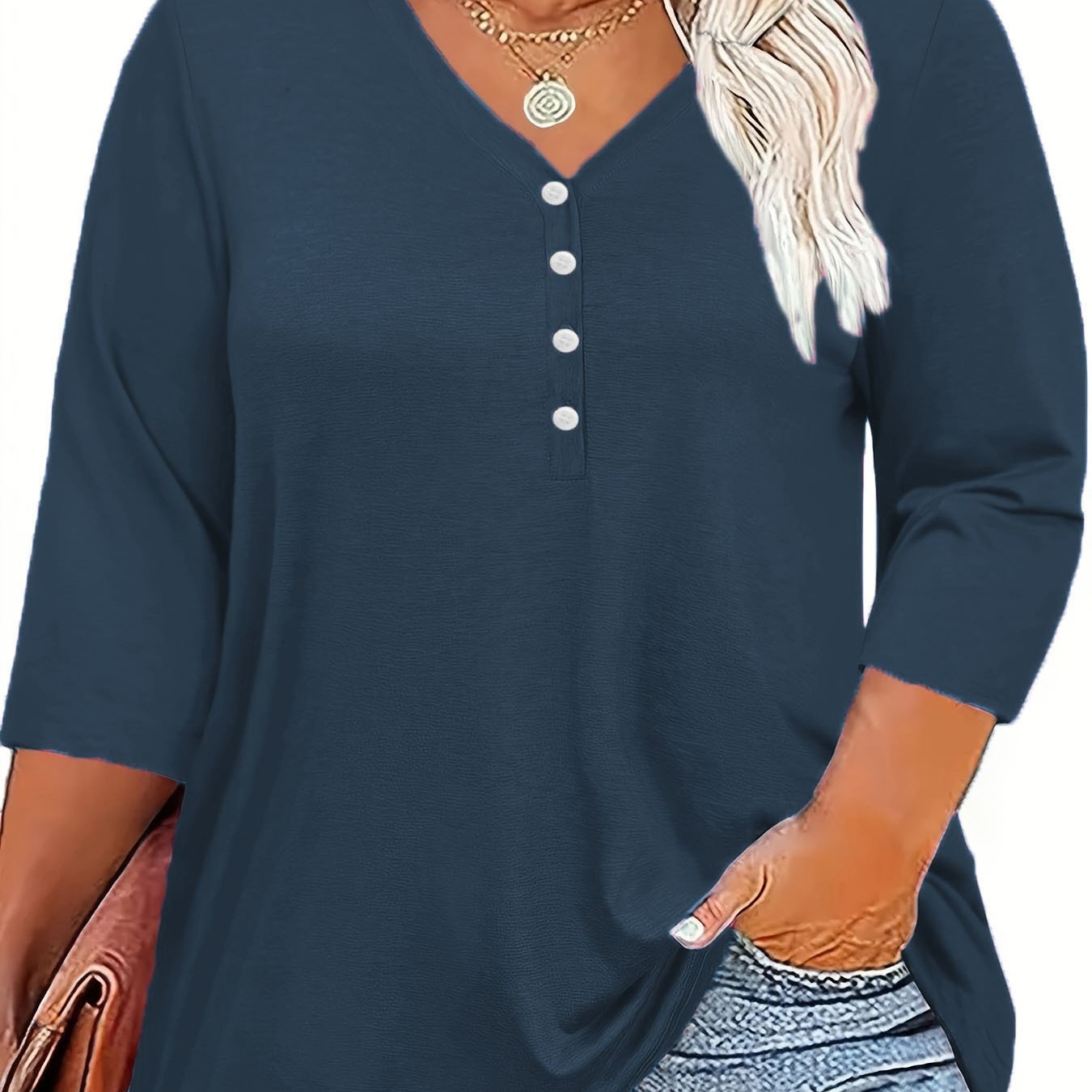 Women's V-Neck T-Shirt with Buttons Solid Color Polyester Spandex Pullover