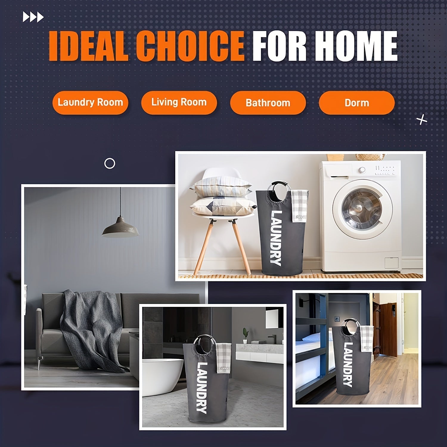 Большая корзина для белья с водонепроницаемым дизайном, с мягкой ручкой для удобной переноски. Вертикальный складной дизайн делает её подходящей для ванной, прачечной, балкона, общежития и других нужд по организации и хранению в доме.