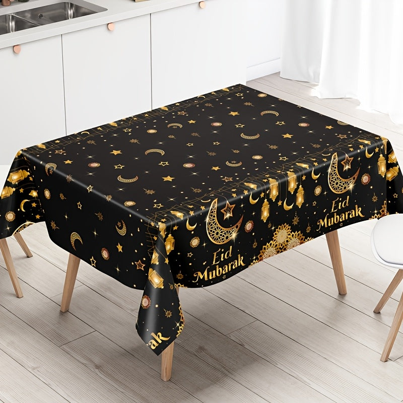 Eid Mubarak Tablecloth Black Gold Moon Star Lantern Design 130x220cm Plastic