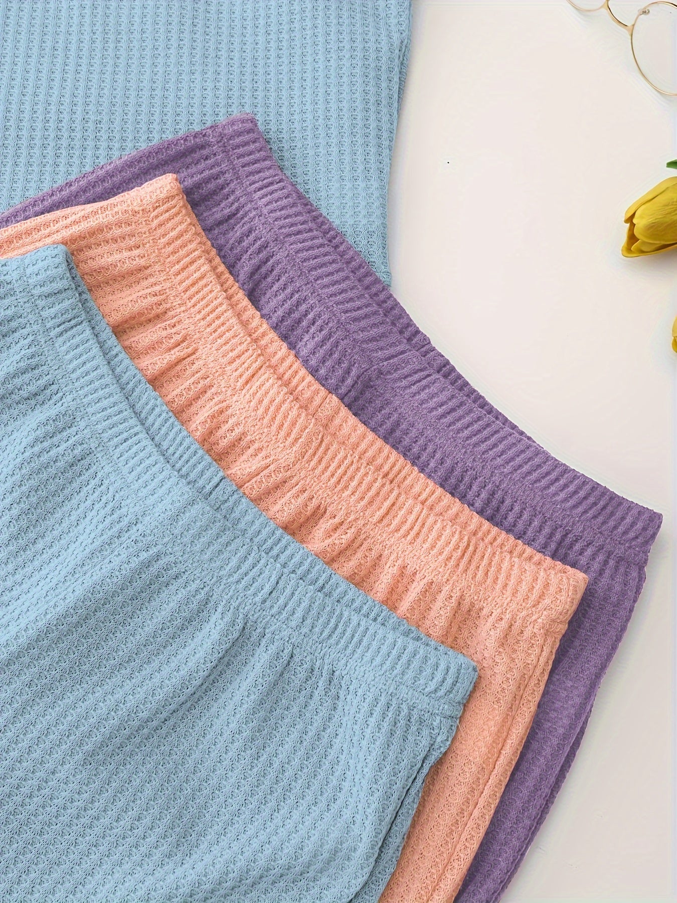 Women's Waffle Lounge Set Camisole Top Shorts Elastic Waist Casual Sleepwear