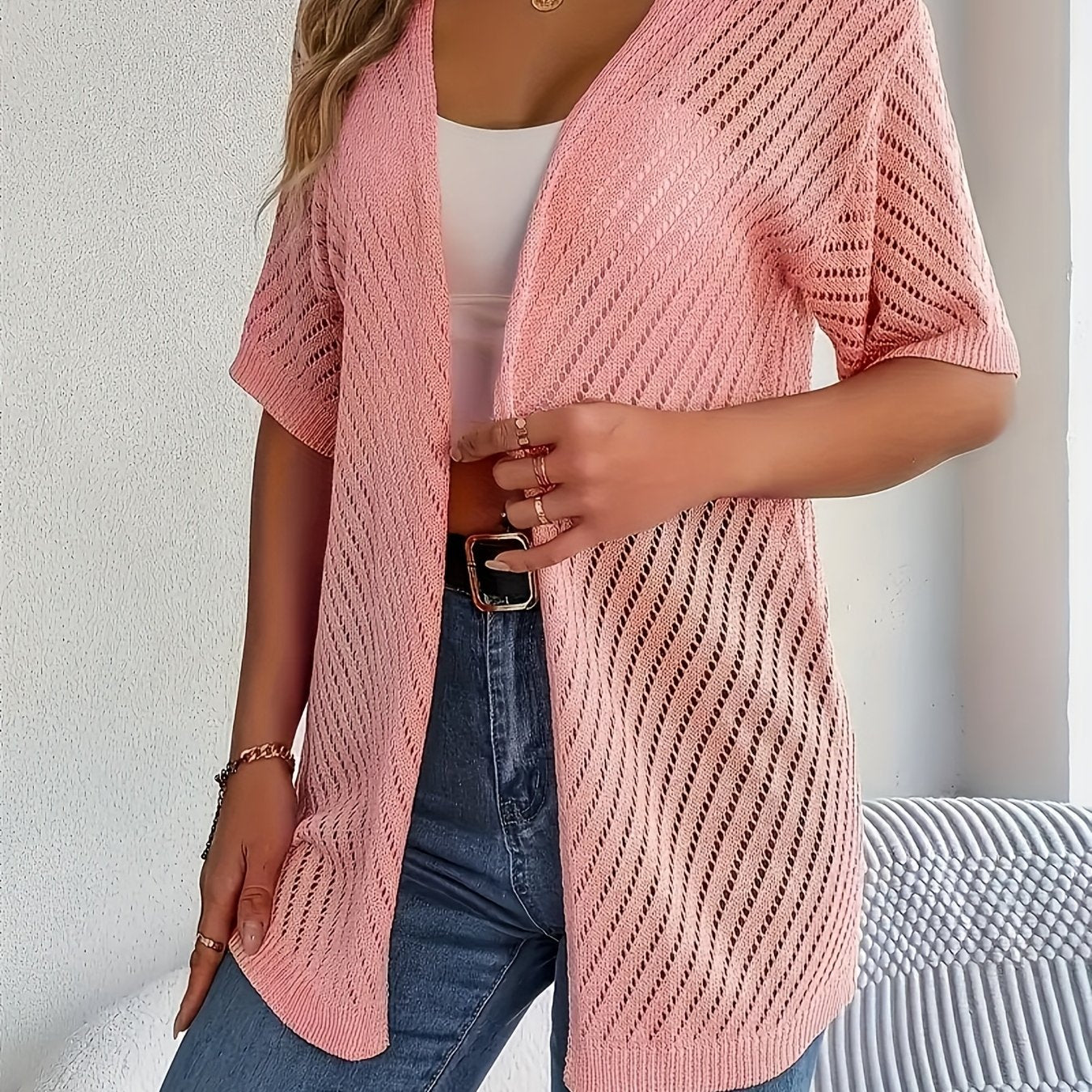 Plus o'lcham ayollar uchun krochet kardigan yengil nafas oladigan qisqa yengli bir rangli bahor yoz