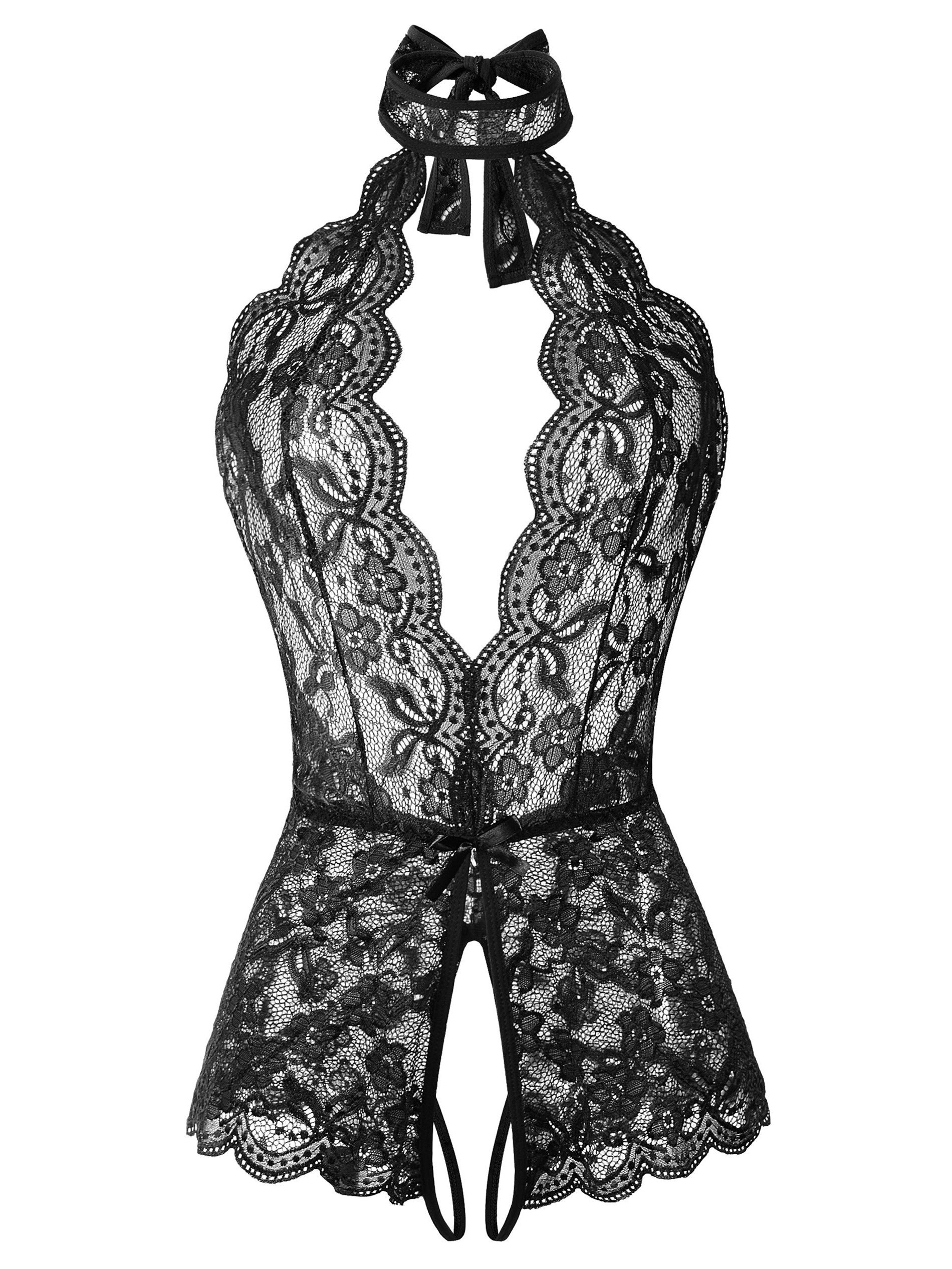Women's Black Lace Velvet Teddy with Deep V Neck Backless Adjustable Straps