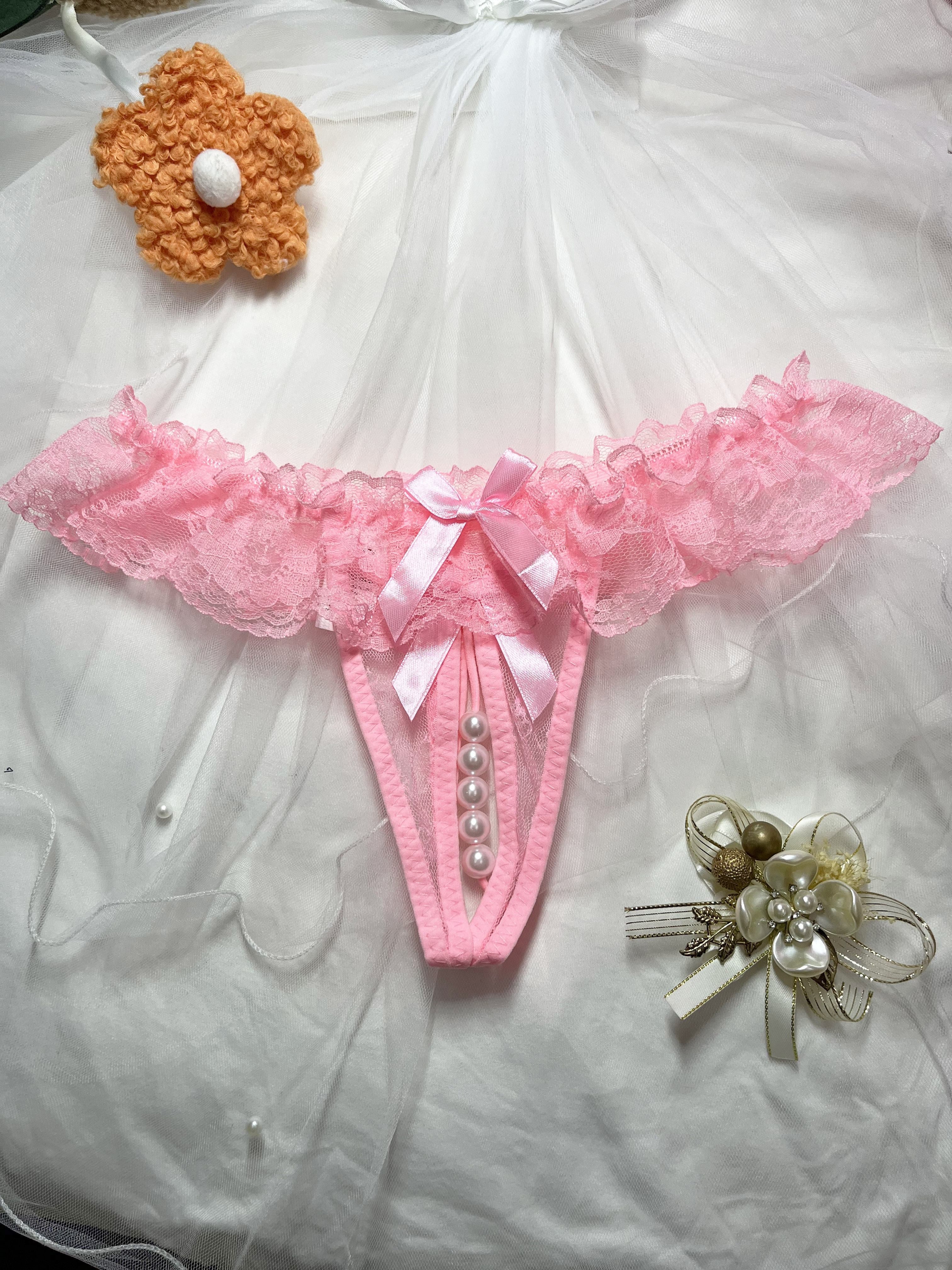 Women's Lace Trim Thongs with Faux Pearls Open Crotch Low Waist Sexy Lingerie