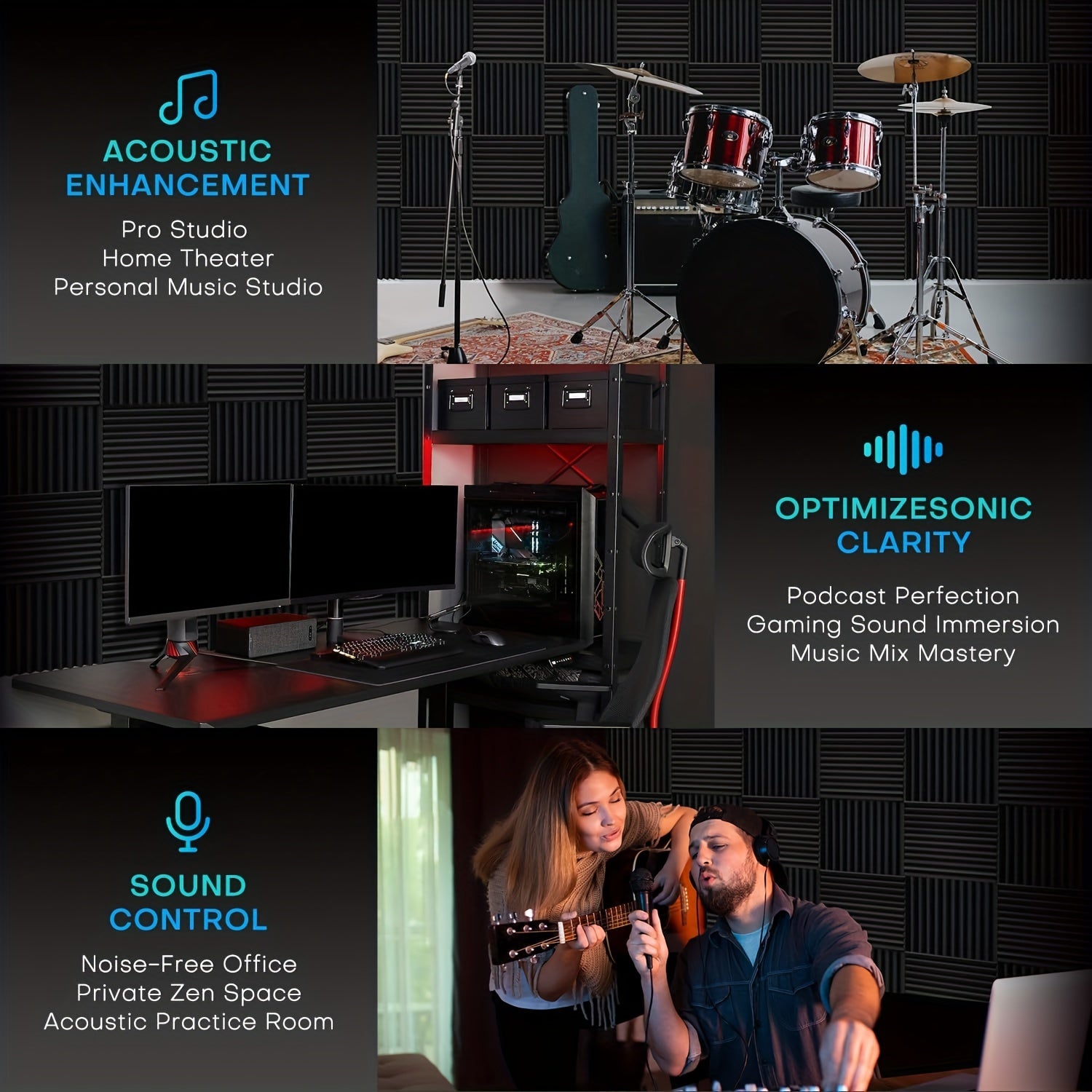 Black High-Density Foam Soundproof Panels 30.48cm x 30.48cm Noise-Reducing Fireproof Set of 40