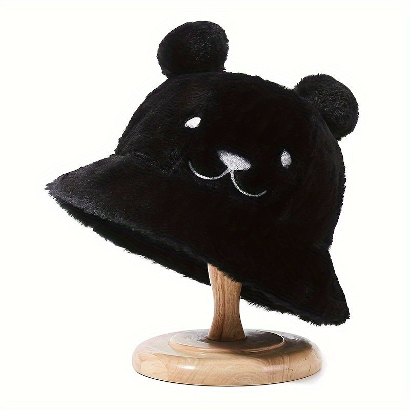 Women's Fuzzy Bucket Hat with Bear Embroidery Yellow White Cozy Winter Wear