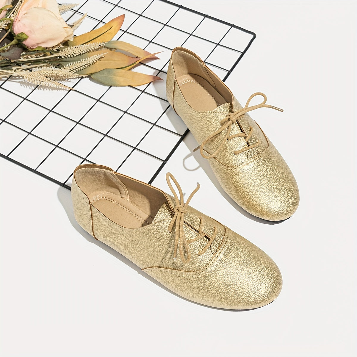 Women’s Microfiber Ballet Flats Solid Color Round Toe Lace Up Black Low Heel Shoes