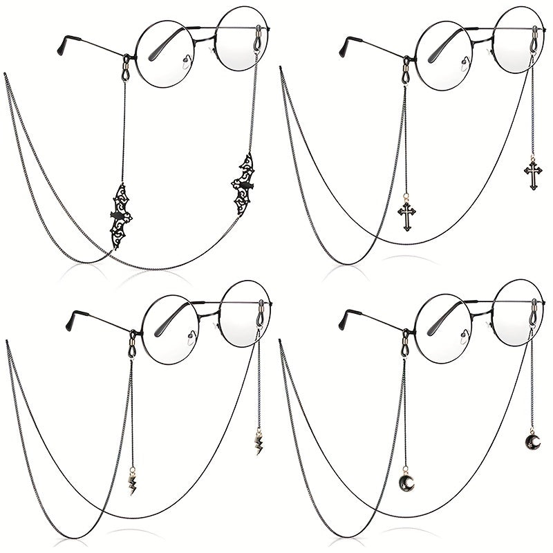Set of 4 Gothic Black Bat Cross Moon Glasses Chains for Women and Men Eyeglass Retainer Lanyards