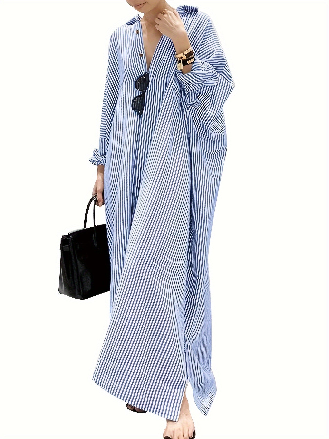 Women's Striped Long Sleeve Shirt Dress Polyester V-Neck Solid Spring Fall