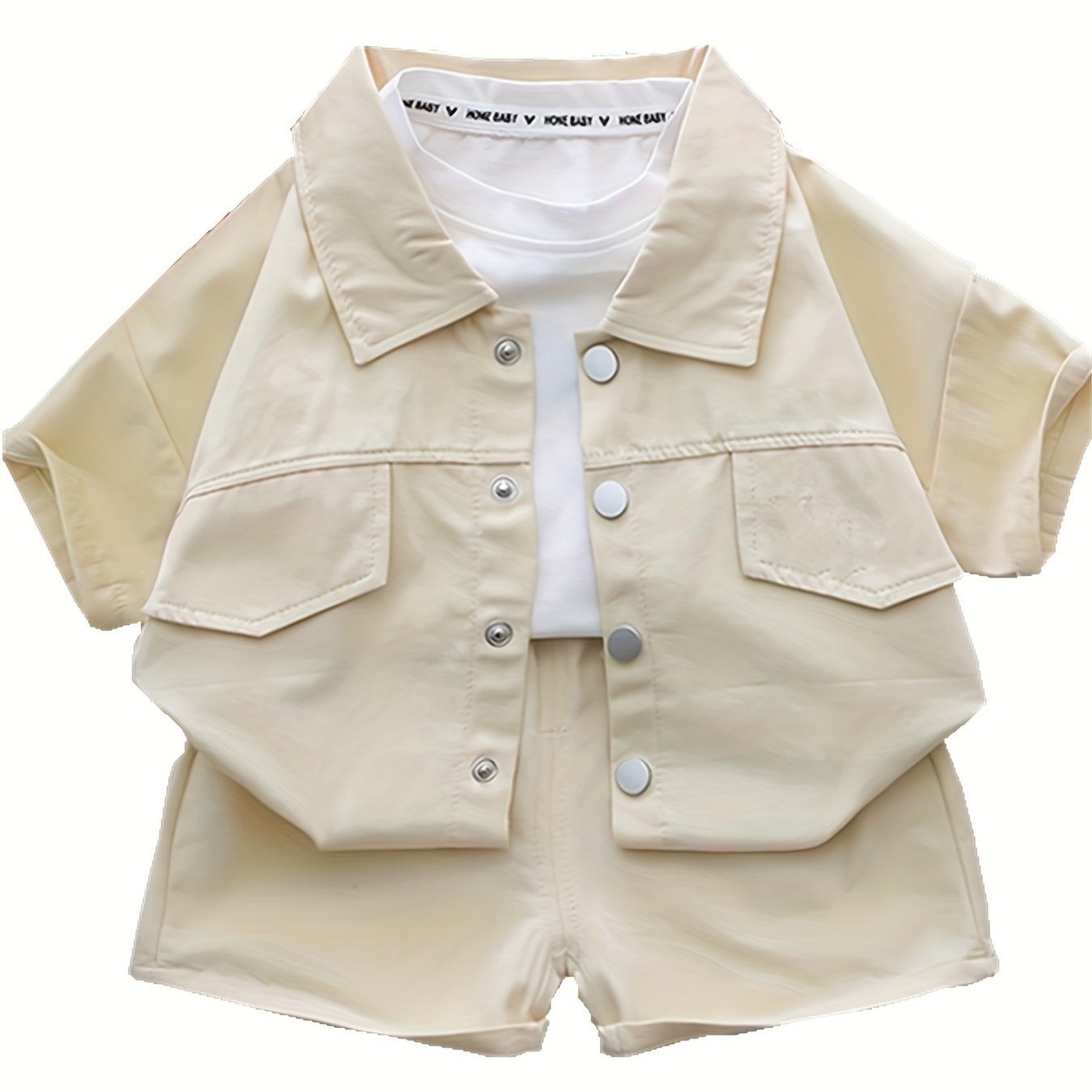 Boys Summer Cotton Shirt Set Short Sleeve Button-Up Lapel Shirt with Logo Shorts