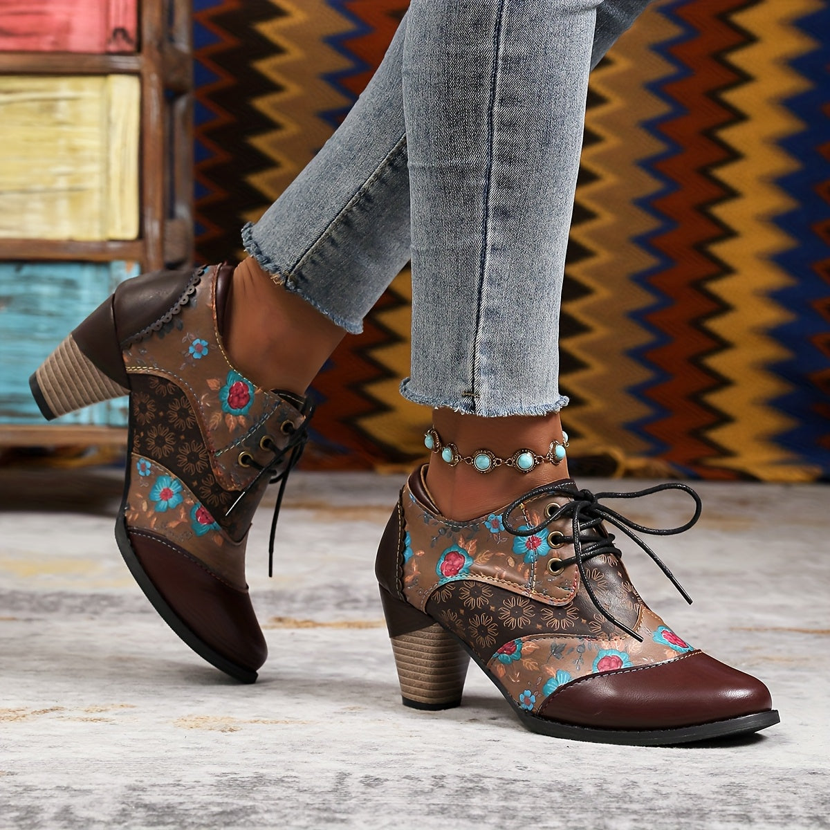 Women's Floral Bohemian Lace-Up Ankle Boots Faux Cover PU Sole All-Season Casual Formal