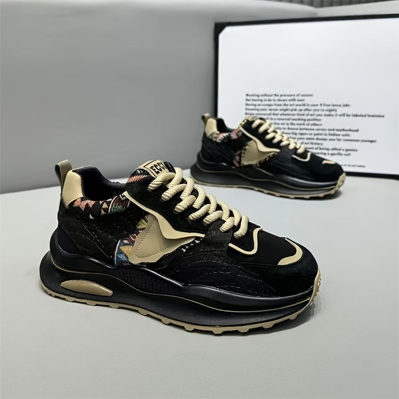 Erkaklar Moda Krossovkalari 2024: Preppy uslub, barcha mavsumlar uchun pastki qismi dumaloq barmoq, bog'ichli dizayn, mato va sun'iy yuqori qismi, kauchuk taglik, EVA ichki taglik va ko'p funksiyali rangli blokli Koreys otalarining poyabzallari.