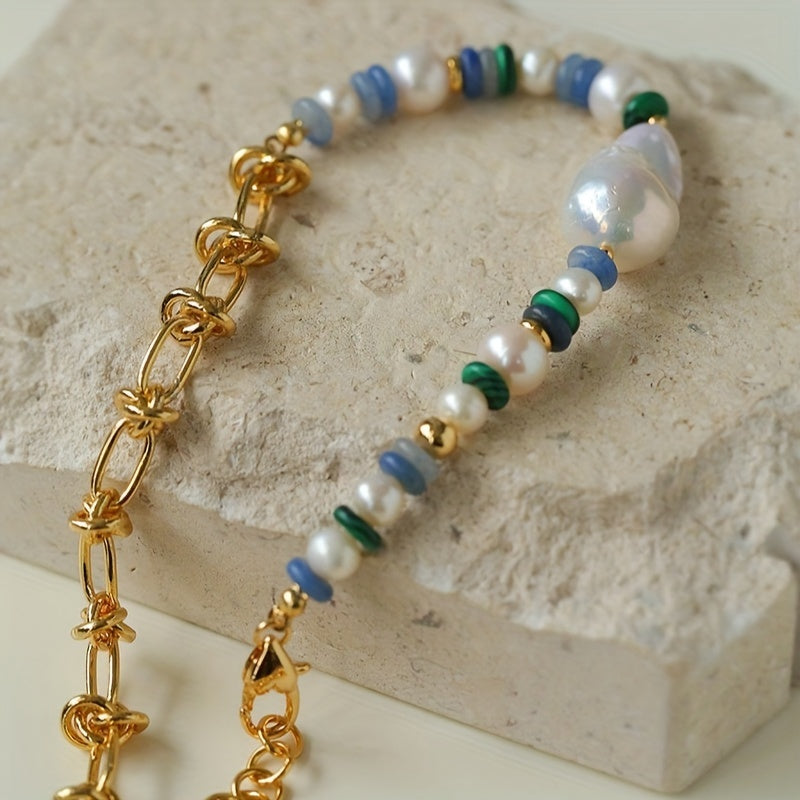 Handcrafted Beaded Necklace with Freshwater Pearls and Colorful Chain for Women