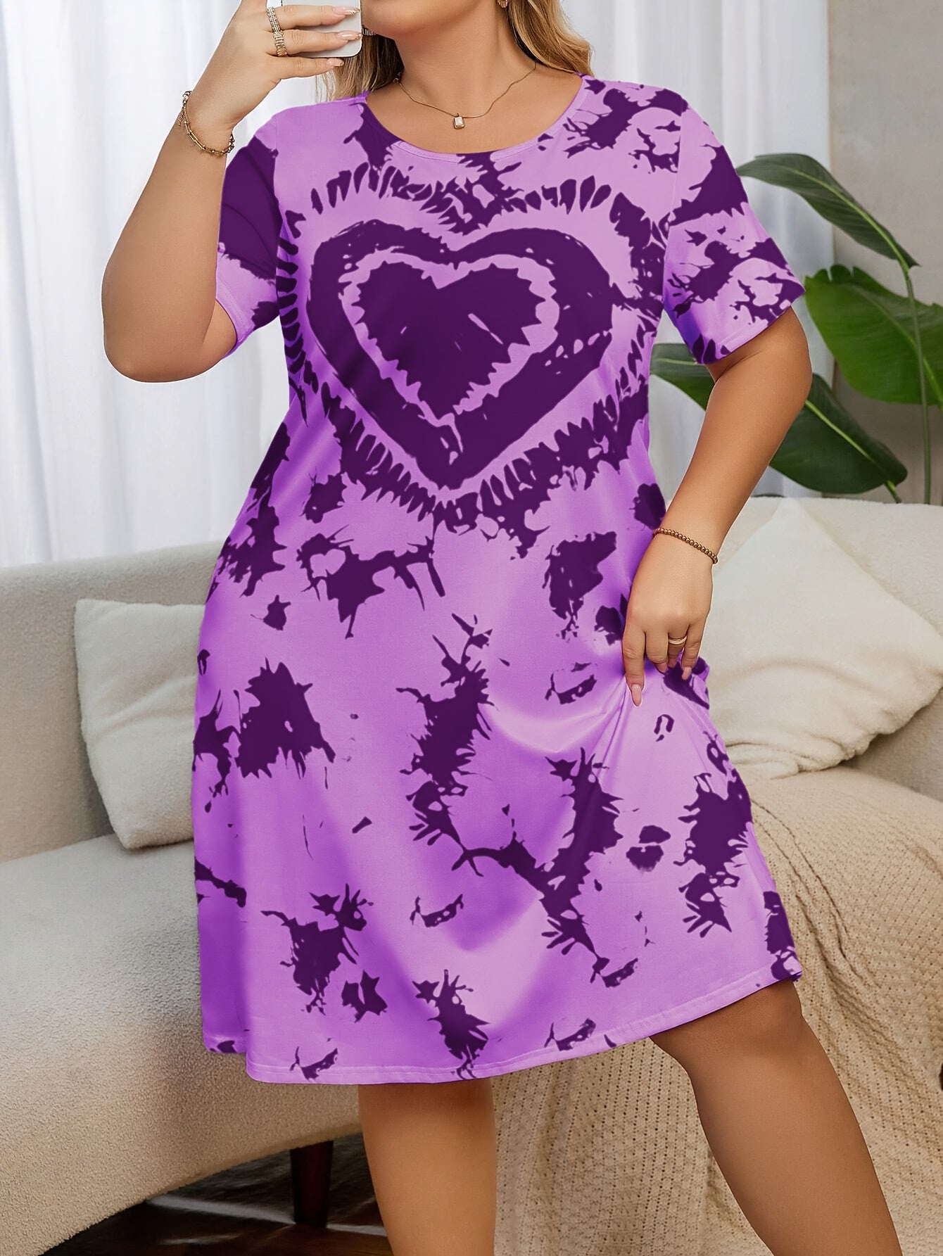 Vestido de dormir para mujer talla grande con lazo y estampado de corazones, manga corta