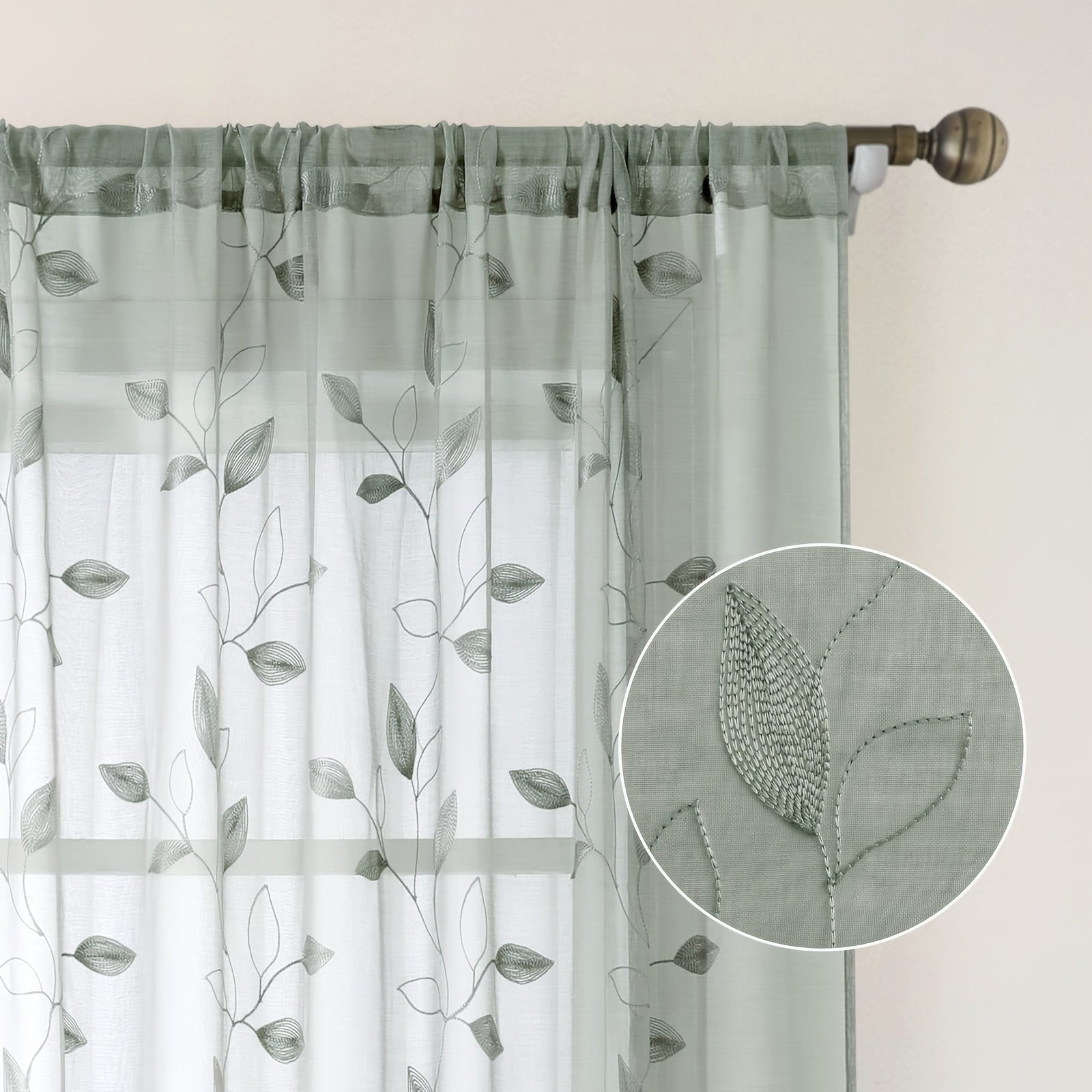 Two Pieces Sheer Curtains with Embroidered Leaf Pattern, Rod Pocket, Polyester, for Bedroom Living Room Kitchen